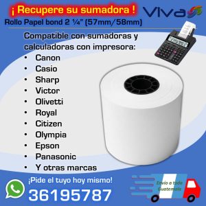 🧻 Rollos Papel Bond 🧻 2 1/4" (57mm / 58mm) para Calculadoras y Sumadoras